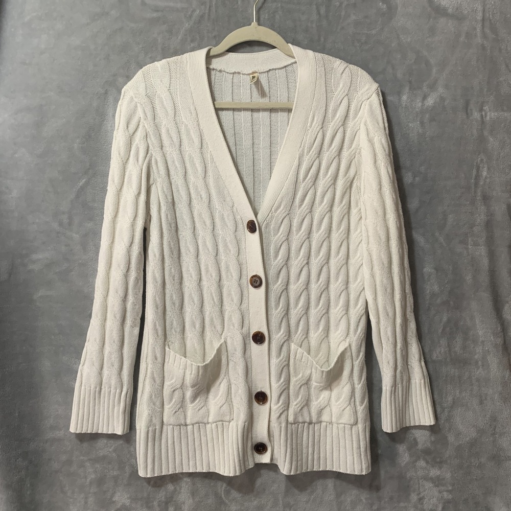 GRECERELLE Women's XL Cream Cable Knit Cardigan Sweater Button Front Pockets